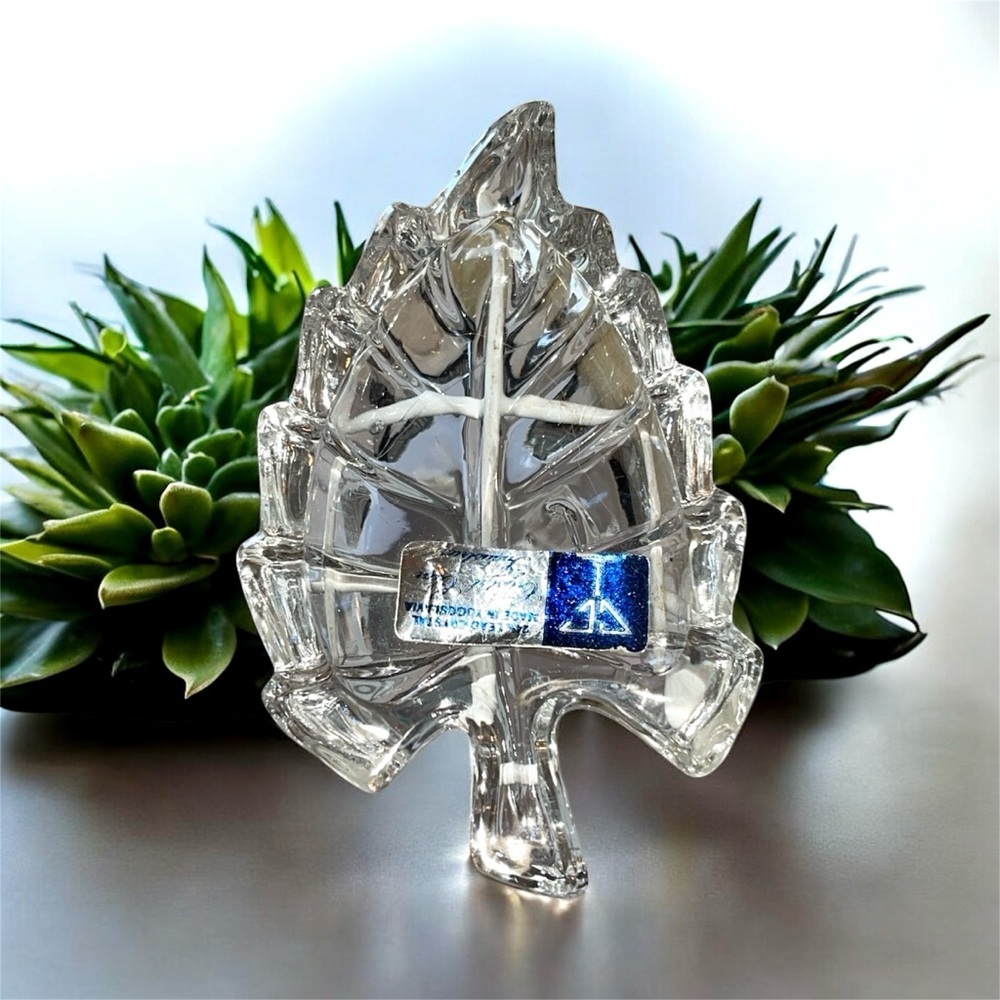 Vintage Unique Crystal Glass Leaf Dish 24% Lead Crystal Trinket Dish Yugoslavia